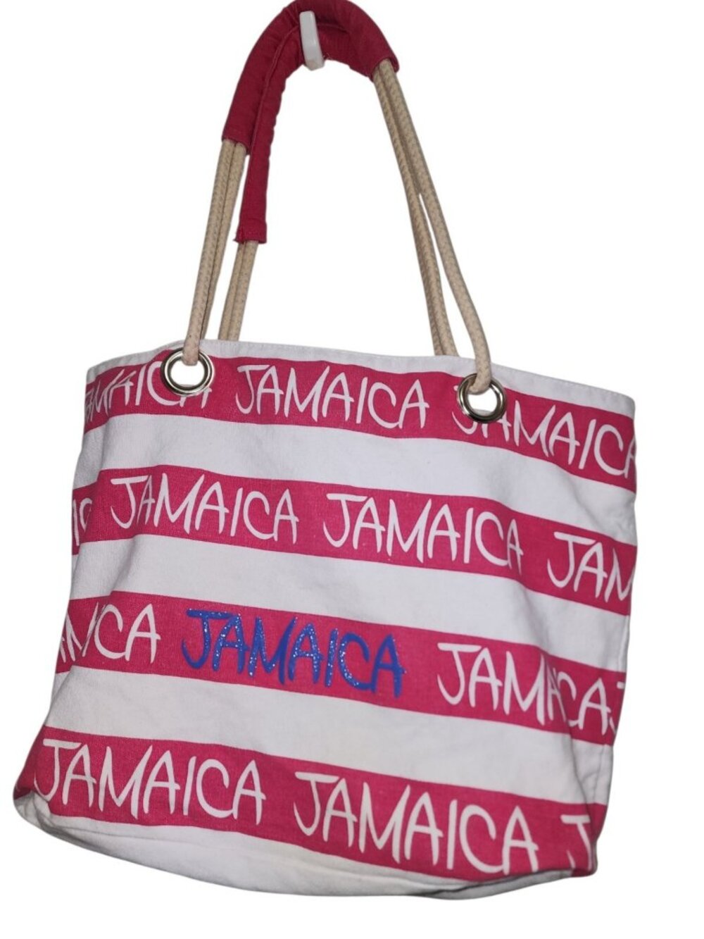 Robin Ruth Jamaica Tote Bag Pink White Canvas Rope Handle Beach Travel Shopper